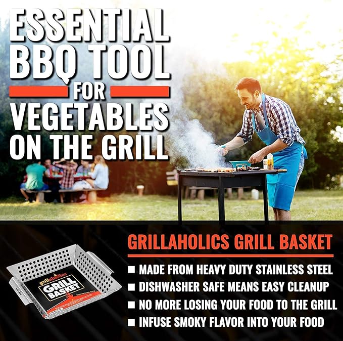 Grillaholics High Heat Resistant Grill Gloves + Vegetable Grilling Basket + Nonstick Grill Mat Bundle