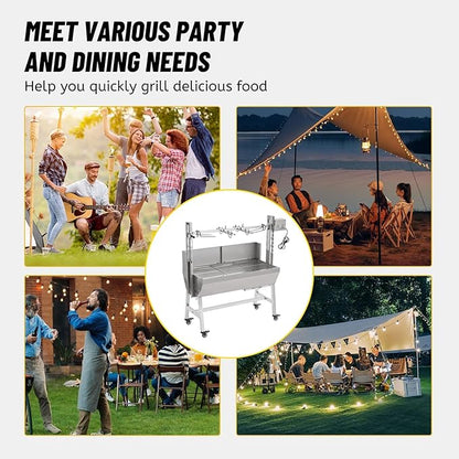 Rotisserie Grill with Back Cover Guard, 25W Motor 37 Inch Stainless Steel Small Pig Lamb Rotisserie Roaster, BBQ Charcoal Rotisserie Grill for Camping Party, Outdoor Kitchen (40KG)