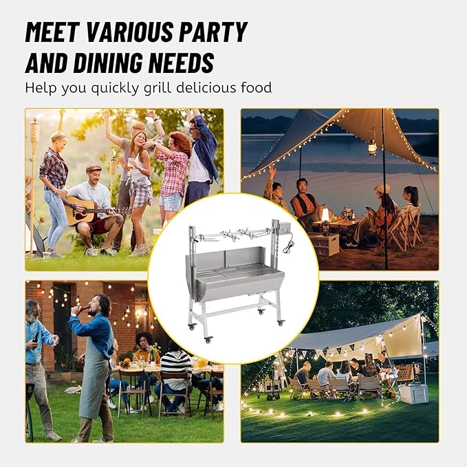 Rotisserie Grill with Back Cover Guard, 25W Motor 55 Inch Stainless Steel Small Pig Lamb Rotisserie Roaster, BBQ Charcoal Rotisserie Grill for Camping Party, Outdoor Kitchen (60KG)