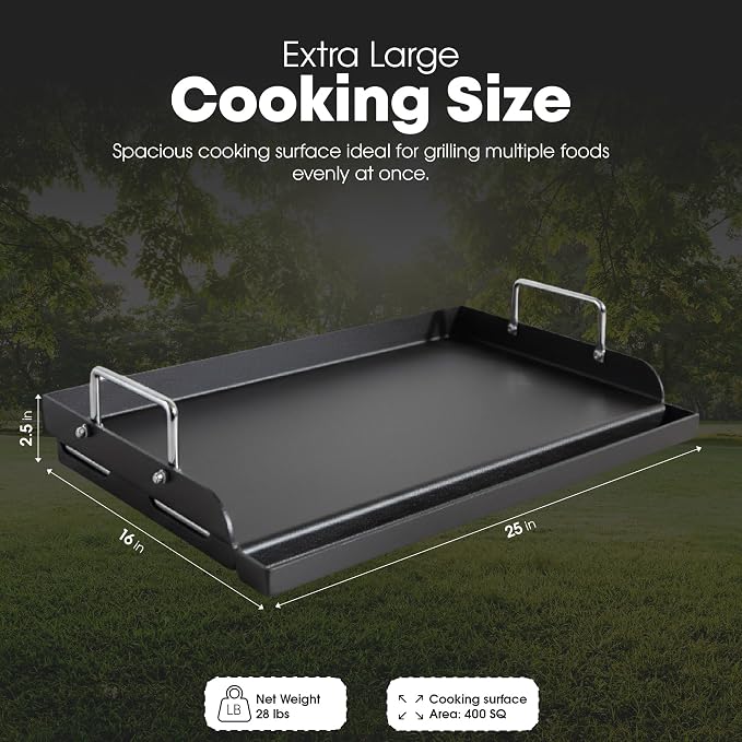 GasOne 25 x 16 In Pre-Seasoned Non Stick Griddle – Multipurpose Propane Griddle Grill for Steaks, Burgers – Oil Catcher Flat Top Grill with Reinforced Bars and Air Vents – Even Heat Distribution