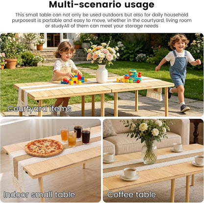 60" x 30" Boho Low Picnic Table, Foldable Solid Wood Construction | Beach Table with Tablecloth & Adjustable Legs, Indoor & Outdoor Use for Beach, Camping, BBQ, Wedding & Warm Family Gatherings
