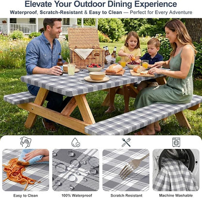 Picnic Table Cover with Bench Covers Windproof Waterproof Picnic Table Covers Camping Tablecloth with Self-Storage Bag, 72in, Light Grey