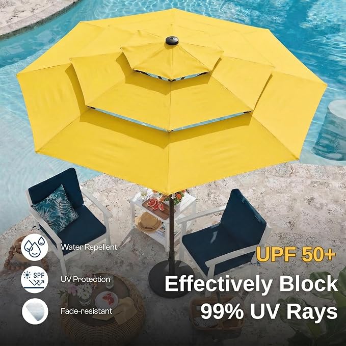 10ft 3 Tier Patio Umbrella, Outdoor Market Table Umbrella with UPF 50+ Vented Canopy, 8 Sturdy Ribs, Easy Push Button Tilt and Crank, Windproof for Deck, Pool, Backyard and Garden