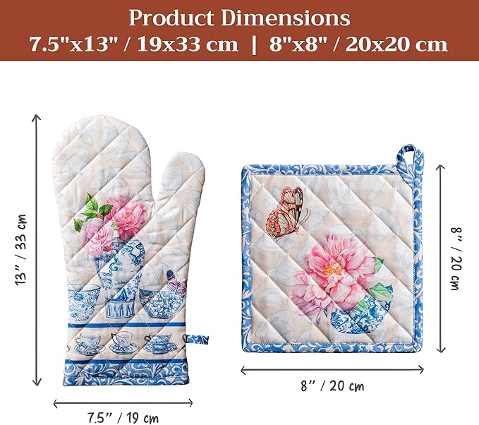 Maison d' Hermine 100% Cotton Oven Mitt & Pot Holder Set (7.5"x13" & 8"x8") Heat Resistant BBQ Cooking Gloves with Loop Baking Grilling Kitchen Hotel Home Farmhouse Spring Summer (Canton)