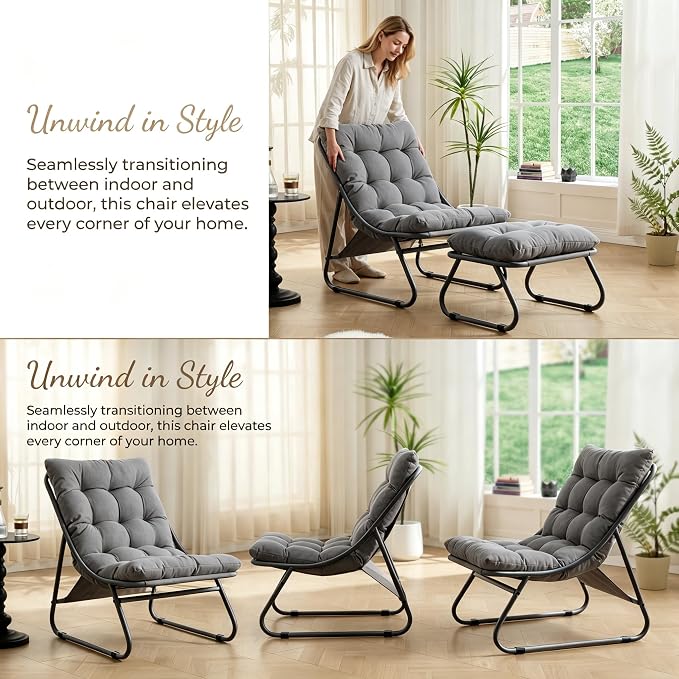 Rocking Chair with Ottoman, Modern Metal Frame Outdoor Rocker, Comfy Patio Lounge Chair with Footrest, Reading Glider Chairs for Living Room, Bedroom, Balcony, Garden, Relax, Grey