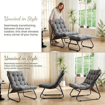 Rocking Chair with Ottoman, Modern Metal Frame Outdoor Rocker, Comfy Patio Lounge Chair with Footrest, Reading Glider Chairs for Living Room, Bedroom, Balcony, Garden, Relax, Grey