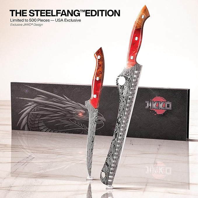 Jikko® SteelFang Edition – Japanese Brisket & Fillet Knife Set with Olive Wood & Red Epoxy Resin Handles | Premium Butcher & Carving Knives for Meat, BBQ & Fish – Ultra Sharp Stainless Steel Blades