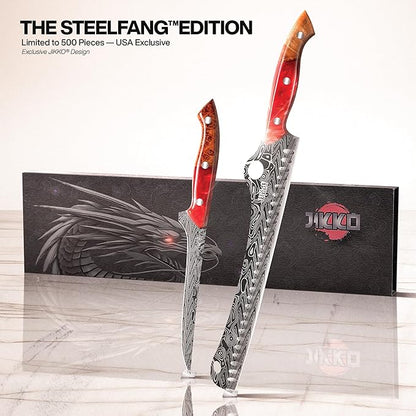 Jikko® SteelFang Edition – Japanese Brisket & Fillet Knife Set with Olive Wood & Red Epoxy Resin Handles | Premium Butcher & Carving Knives for Meat, BBQ & Fish – Ultra Sharp Stainless Steel Blades