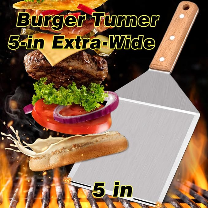 Metal Spatula Set of 2, Leonyo Stainless Steel Griddle Hamburger Spatula, as Barbecue Turner Grilling BBQ Griddle Accessories, Triple Rivets & 2 x S Hook, Heavy Duty & Easy Press