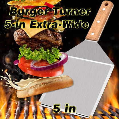 Metal Spatula Set of 2, Leonyo Stainless Steel Griddle Hamburger Spatula, as Barbecue Turner Grilling BBQ Griddle Accessories, Triple Rivets & 2 x S Hook, Heavy Duty & Easy Press