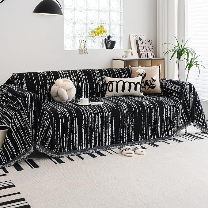 WEYOND Chenille Couch Cover Tassels, Sofa Cover Washable, 71" x 118", Black | Pet Friendly Sofa Slipcover for Sectional Sofa, Loveseat, 2 or 3 Cushion Couch, Corner Sofa, Futon Cover