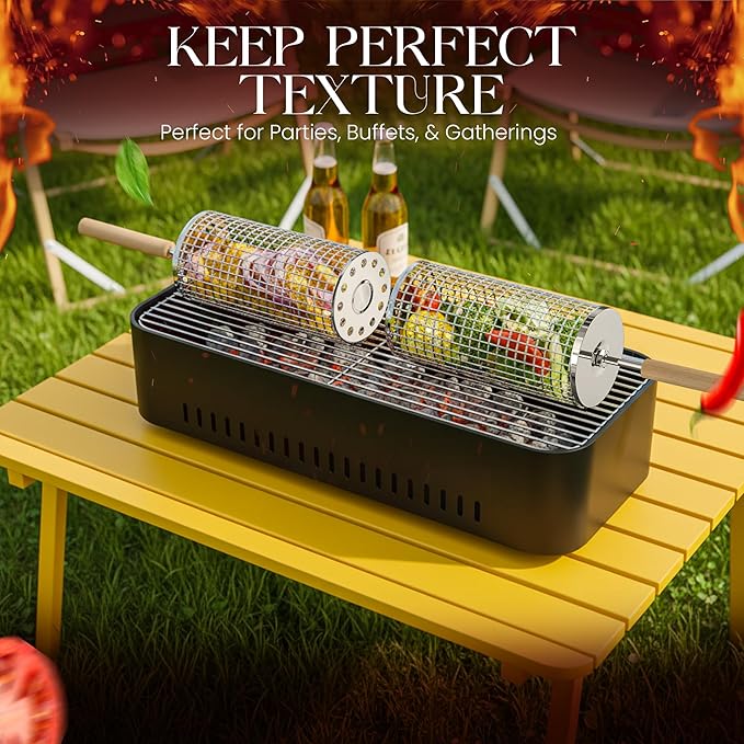 Rolling Grill Basket for Veggies (2 PCS) | 304 Stainless Steel Grill Baskets for Outdoor Grill with Removable Wooden Handle | BBQ Baskets for Grilling | Vegetable Grill Basket