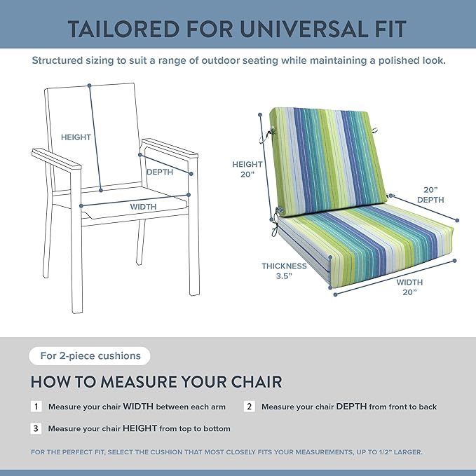 California Umbrella Outdoor Dining Chair, Patio Seat Cushion, 20 x 40 Inch, Premium Outdoor Memory Foam, Fade Resistant Sunbrella Fabric, Fabric Ties,Seville Seaside