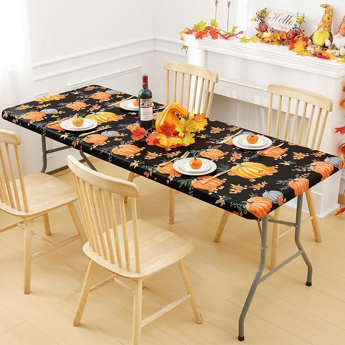 Smiry Thanksgiving Fitted Table Cover, 4 FT Flannel Backed Vinyl Tablecloth | Waterproof Elastic Stretch Table Cloth, Wipeable Plastic Tablecloth for Autumn Harvest & Parties (Black & Yellow, 24" x 48")