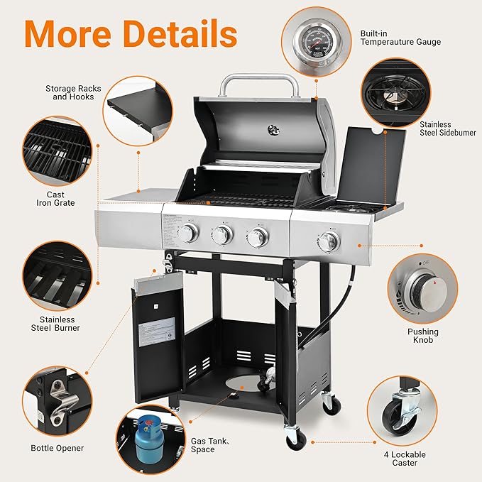 Endark 40,500 BTU 3-Burner Stainless Steel Propane Gas Grill – with Side Burner, Thermometer, Wheels & Cover – Perfect for Outdoor Garden BBQ and Family Gatherings