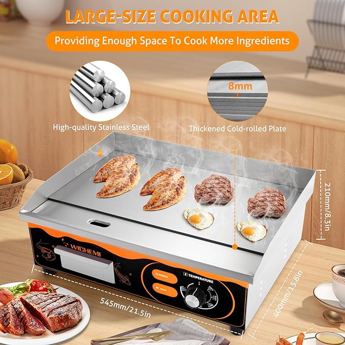 WICHEMI Electric Grill Commercial Griddle Flat Top Grill Teppanyaki Grill | 22" Stainless Steel Electric Griddle, 110V 3000W High Power, Large Cooking Surface, Non-Stick, Collect Grease For Cleanup