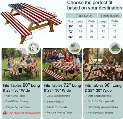 Picnic Table Cover Bench Covers Camping Essentials Tablecloth | Waterproof Vinyl for Outdoor, Windproof Elastic Fitted Edges, RV BBQ Accessories Must Haves, Storage Bag Included