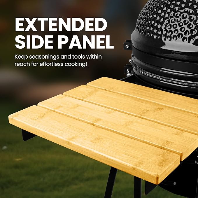 London Sunshine 15-inch Ceramic Kamado Charcoal BBQ Grill & Smoker with Locking Casters, Foldable Side Shelves, Stainless Steel Grates, and Tall Stand (Black)