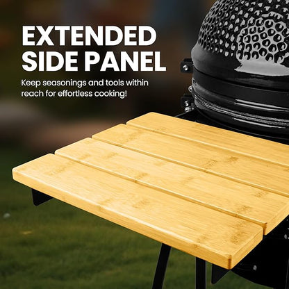 London Sunshine 15-inch Ceramic Kamado Charcoal BBQ Grill & Smoker with Locking Casters, Foldable Side Shelves, Stainless Steel Grates, and Tall Stand (Black)