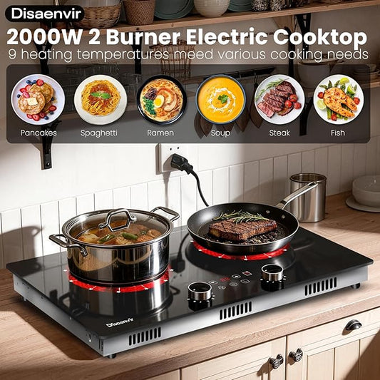 2 Burner Electric Cooktop 110V - 24 Inch(23.6"x 13.78") Ceramic Stove Countertop & Built-in(22"x 12.2"), 2000W Two Burner Cooktop with Touch & Knob Control, Timer, Safety Lock, 120V Plug in