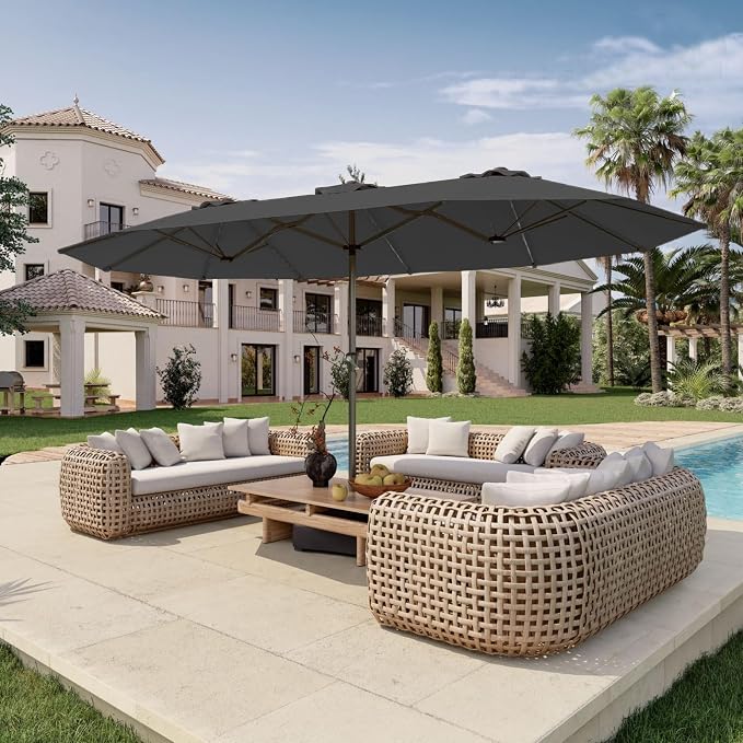 15FT Double Sided Patio Umbrella with Base Included Large Outdoor Market Umbrella with Crank Handle, UV Resistant Canopy, Sturdy Frame for Garden, Poolside, Deck, Gray
