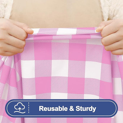 Smiry Picnic Table Cloth 2 Pack, Waterproof Elastic Fitted Tablecloths for 4FT Rectangle Tables, Washable Polyester Buffalo Plaid Tablecloth for Camping, Dining & Outdoor (Pink & White, 30" x 48")