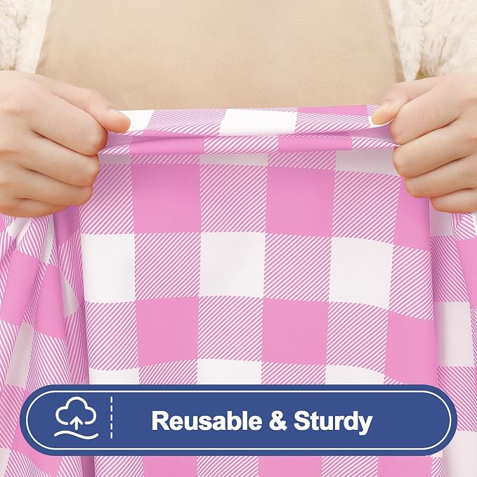 Smiry Picnic Table Cover with Bench Covers, Waterproof Elastic Fitted Tablecloths for 8 Foot Rectangle Tables, Washable Buffalo Plaid Tablecloth for Camping, Outdoor (Pink & White, 30"x96")