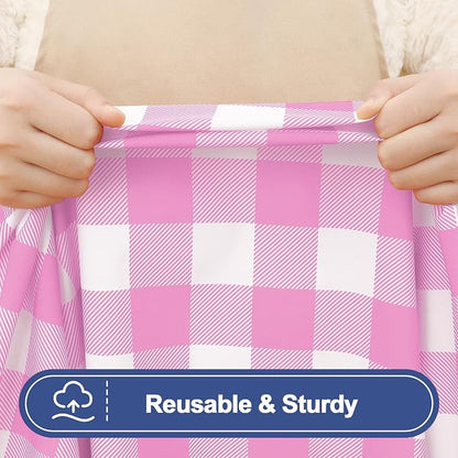 Smiry Picnic Table Cover with Bench Covers, Waterproof Elastic Fitted Tablecloths for 5 Foot Rectangle Tables, Washable Buffalo Plaid Tablecloth for Camping, Outdoor (Pink & White, 30"x60")