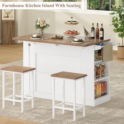 Kitchen Storage Island with 2 Stools, 51.2” Mobile Kitchen Cart with Drop Leaf & Power Outlet, Rolling Island Table Dining Room Buffet with 2 Drawers & Side Storage Rack &Towel Rack, White