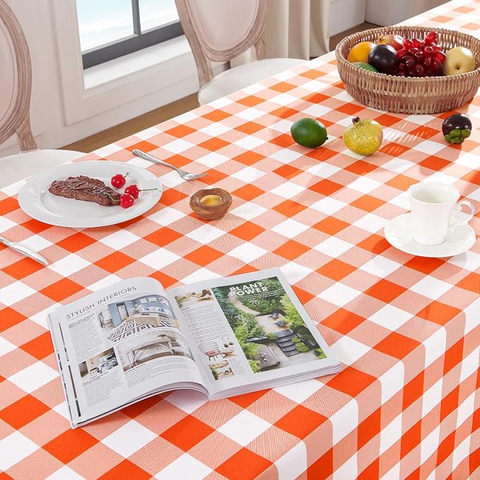 Softalker Gingham Checkered Tablecloth Square - Outdoor Waterproof Buffalo Plaid Table Cloth, Stain Resistant Washable Table Cover for Picnic, Camping, Dining - Orange and White, 54 x 54 Inch