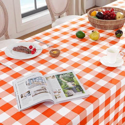 Softalker Gingham Checkered Tablecloth Rectangle - Outdoor Waterproof Buffalo Plaid Table Cloth, Stain Resistant Washable Table Cover for Picnic, Camping, Dining - Orange and White, 60 x 102 Inch