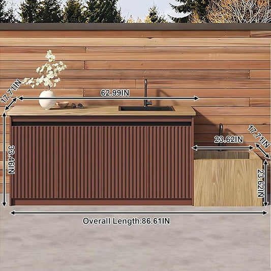 87IN Outdoor Kitchen Cabinet - Kitchen Cabinet with Countertop Includes Stripe Design & Mop Pool,Outdoor Table with Aluminum Alloy,Stainless Steel Sink and Slate Countertop,Hidden Handle