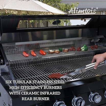 82 Inch 6 Burner 85000 BTU Deluxe Stainless Steel Gas BBQ Island Outdoor Kitchen with Wine Cooler, Rotisserie Kit, Granite Countertops & Stainless Steel Sink - Modular Outdoor Kitchen