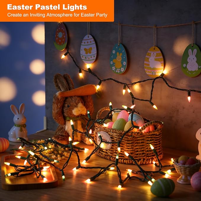 BrizLabs Easter Lights String, 34.8ft 150 Count Pastel Lights Connectable | UL Certified; Incandescent String Light Plugin, Incandescent Christmas Lights Green Wire for Easter Tree Indoor Outdoor Decor