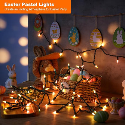 BrizLabs Easter Lights String, 34.8ft 150 Count Pastel Lights Connectable | UL Certified; Incandescent String Light Plugin, Incandescent Christmas Lights Green Wire for Easter Tree Indoor Outdoor Decor