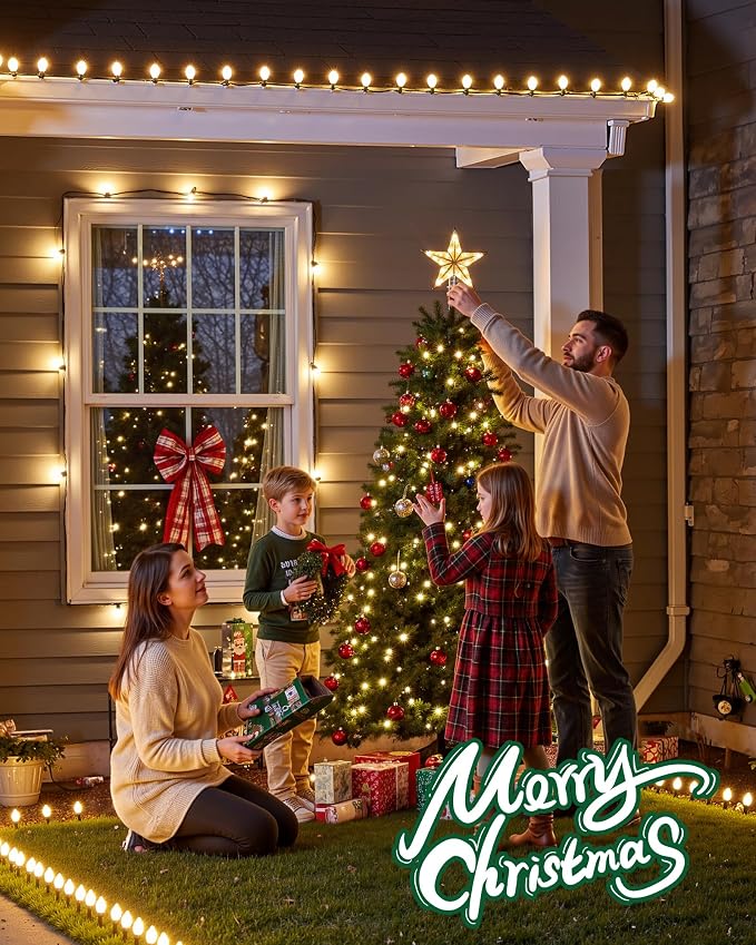 Minetom C9 LED Christmas Lights Outdoor, 81Ft 100 LED String Lights with Quick Clips, Extendable Waterproof Outdoor Xmas Decorations, Warm White