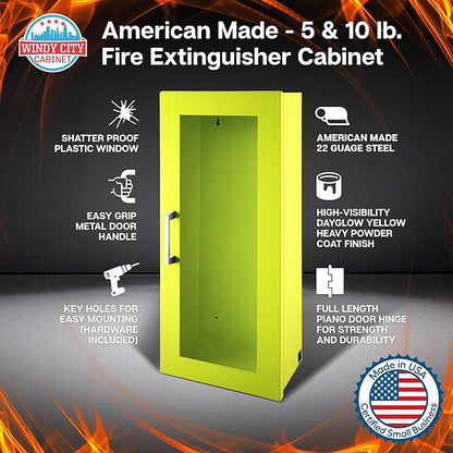 Fire Extinguisher Mount for Wall & Surface - 22 Gauge Steel, USA Made - Fire Extinguisher Cabinet Storage w/Metal Handle - Indoor & Outdoor Use - 24.5H x 9.25W x 6.5D - Neon