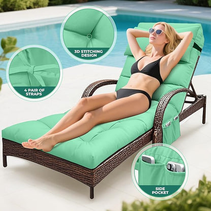 Outdoor Chaise Lounge Cushion, Waterproof Lounge Chair Cushion for Outdoor Furniture, 71 x 21 x 4 Inches Patio Cushion with Straps for Lawn Pool Furniture (Cyan, Lounge Chair Cushion)