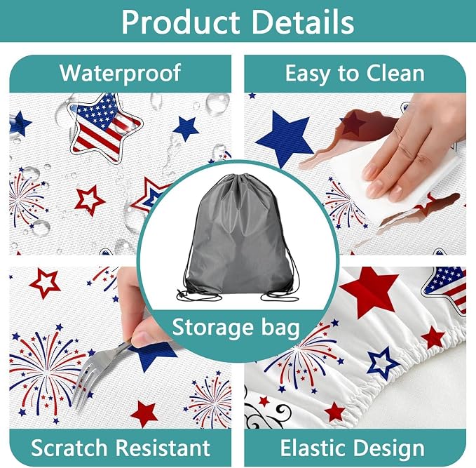 Picnic Table Cover with Bench Covers and Carrying Bag, Red and Blue Stars Fitted Table Cover, Outdoor Patio Camping Essentials, Waterproof Camping Fitted Tablecloth with Drawstring Bag, 30X60inch