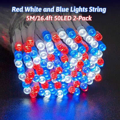 Red White and Blue Lights String for 4th of July Decorations Outdoor Total 100 LED 33ft for Memorial Day Decorations, Battery Operated Waterproof Timer Patriotic for Independence Day, 2-Pack