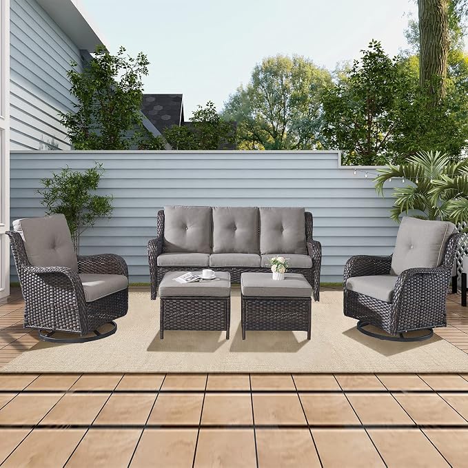 Rilyson Outdoor Patio Wicker Sofa, 900Lbs Weight Capacity Large 3 Seater Wicker Patio Couch with 4in Seat Cushions and Deep Seating, All Weather for Backyard, Garden, Poolside (Brown/Grey)