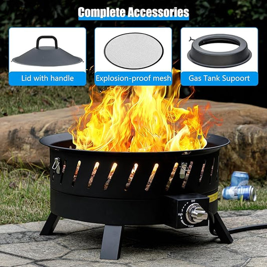 EcoNook 22 inch Portable Propane Fire Pits, Gas Fire Pit Bowl for Outside with Lid & Handle, Smokeless Gas Firebowl,Propane Firepit for Camping, Patio, Yard, Garden