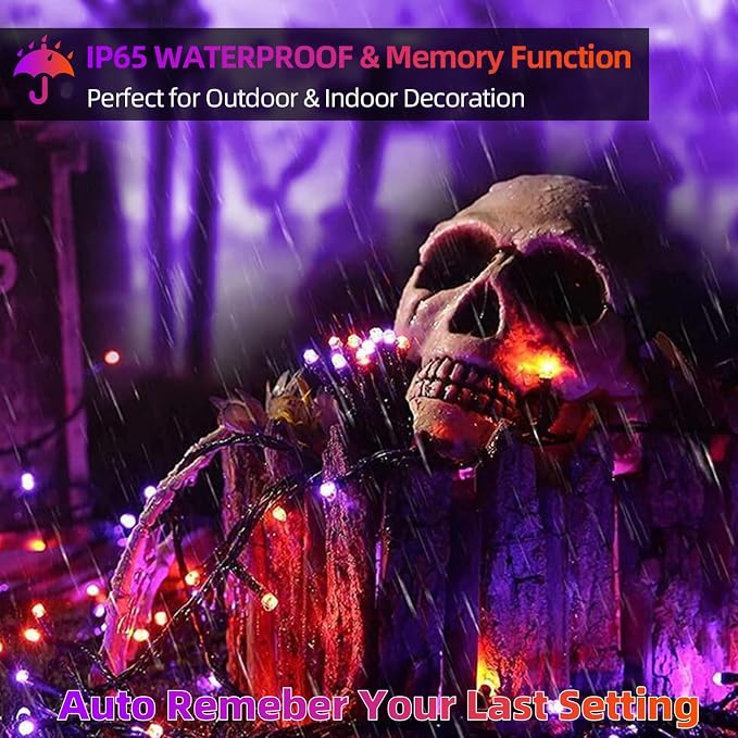 MZD8391 105FT 300LED Halloween Light, Orange Purple Christmas Light & Music | Play 4 Spooky Music, Waterproof, 100% UL Listed, Halloween String Lights Outdoor Indoor, 6 Light Mode, End To End Connectable