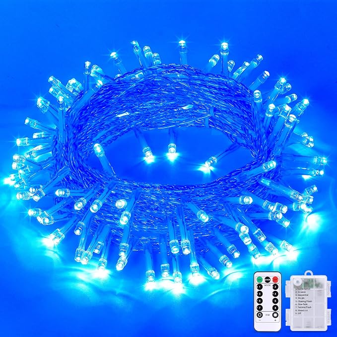 JMEXSUSS 33ft 100 LED Blue Christmas Tree Lights, Battery Operated | Christmas Lights with 8 Modes Remote Waterproof Outdoor Indoor for Halloween Christmas Outside Decorations