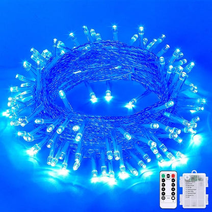 JMEXSUSS 33ft 100 LED Blue Christmas Tree Lights, Battery Operated | Christmas Lights with 8 Modes Remote Waterproof Outdoor Indoor for Halloween Christmas Outside Decorations