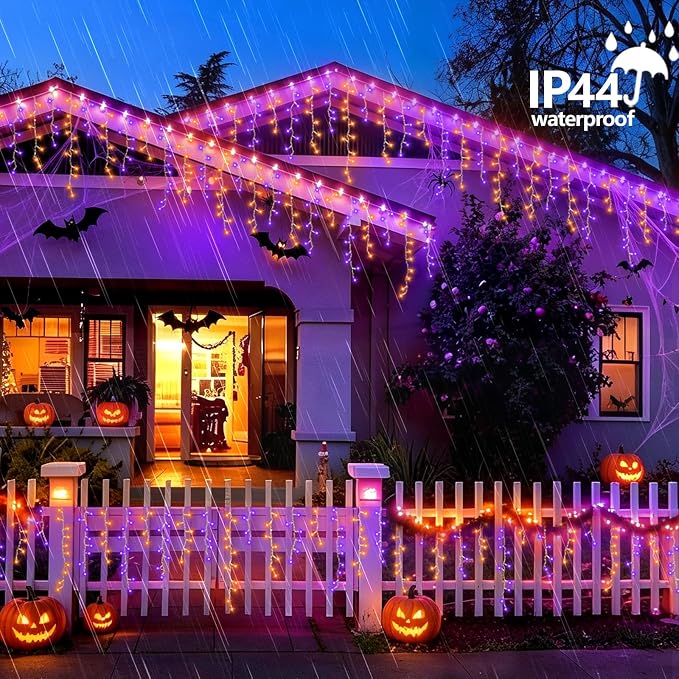 YEGUO 33ft 400 LED Orange and Purple Icicle Halloween Lights, 80 Drops Icicle Lights Connectable, 8 Modes Icicle Christmas Light with Memory Timer