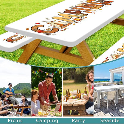 Camping Fitted Picnic Table Cover with Bench Covers 3PCS, 30x60 Inch Waterproof Elastic Outdoor Patio Tablecloth & Storage Bag, Fall Autumn Camping Essentials Decor for Camp, Backyard, RV, Party