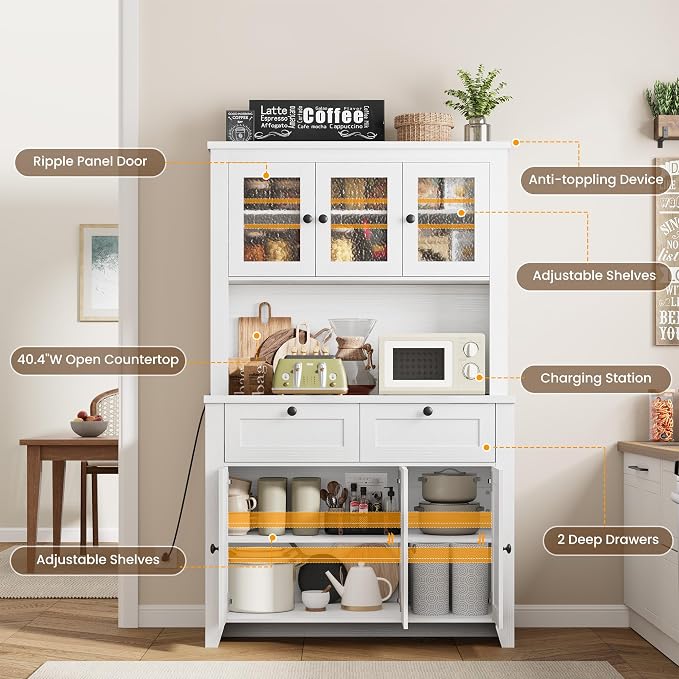 Pantry Cabinet with Charging Station, Farmhouse Kitchen Pantry Storage Cabinet with Countertop, Large Kitchen Hutch with Storage Drawers and Adjustable Shelves & Water Ripple Design for Dining Room,