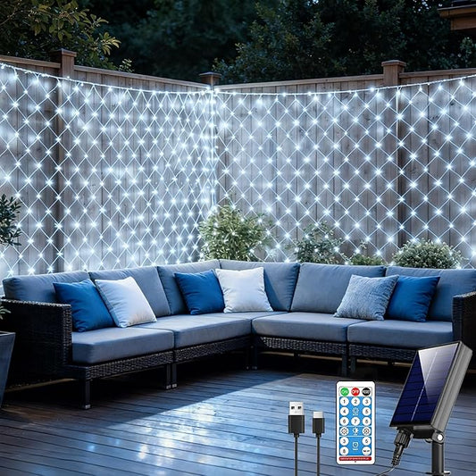 Pooqla Solar Net Lights, 21x5ft 360LED Christmas Net Lights Outdoor with 8 Modes, Solar & USB Powered Waterproof Green Wire Net Mesh String Lights for Bush Backyard Patio Decor, Cool White