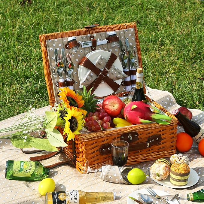 Wicker Picnic Basket Set for 4, Blanket, Cooler Bag, Brown Floral | Four-Person Wicker Set Includes Tableware, Insulated Food Storage and Waterproof Blanket for Parks, Camping, Dates and Gifts
